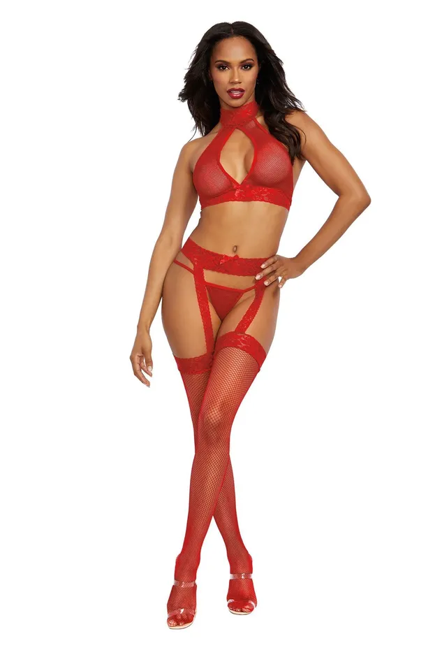 Dreamgirl Bralette, Garterhose, and G-String - Size - Rouge | Male Sex Toys