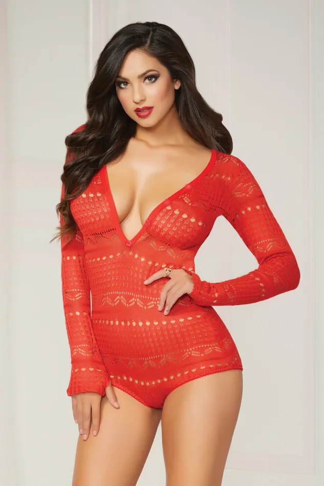 Male Sex Toys Knit Long Sleeve Romper Small Red Seven Til Midnight