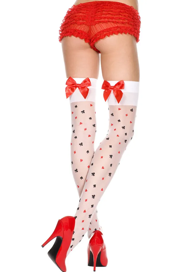 Music Legs Vibrators Card Suit Sheer Thigh Hi Satin Bow One Size White Red