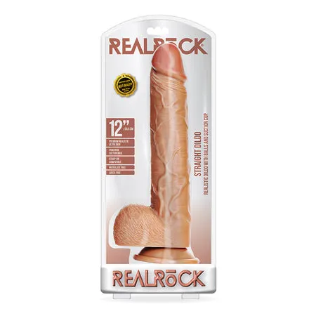 Shots America RealRock Realistic 12 in Straight Dildo With Balls and Suction Cup Tan Female Sex Toys