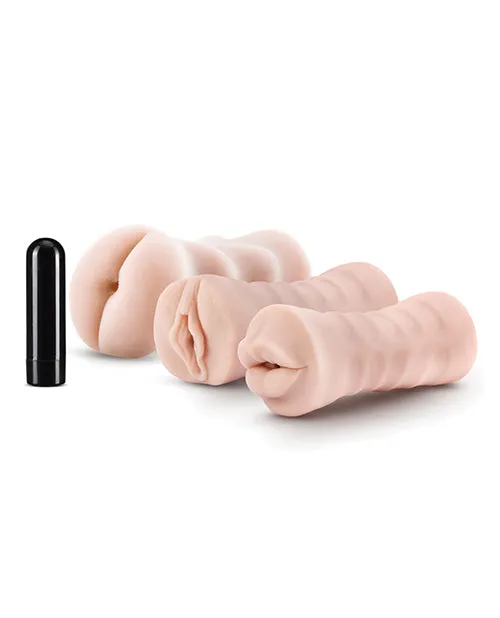 Blush Novelties Male Sex Toys Blush M for Men Self Lubricating Vibrating Stroker Sleeve Kit Vanilla Pack of 3 Blush Novelties Male Sex Toys Blush M for Men Self Lubricating Vibrating Stroker Sleeve Kit Vanilla Pack of 3