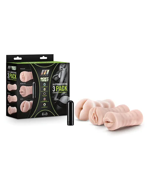 Blush Novelties Male Sex Toys Blush M for Men Self Lubricating Vibrating Stroker Sleeve Kit Vanilla Pack of 3