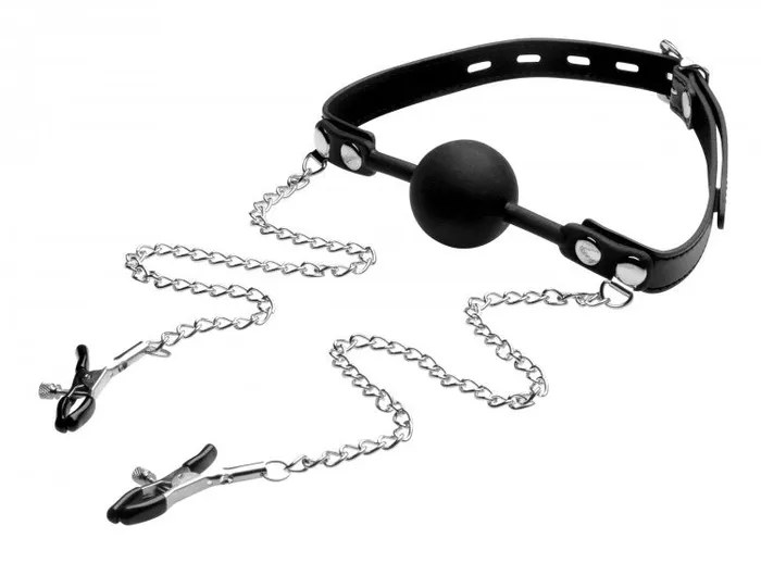 Strict Silicone Ball Gag Wnipple Clamps XR Brands Male Sex Toys
